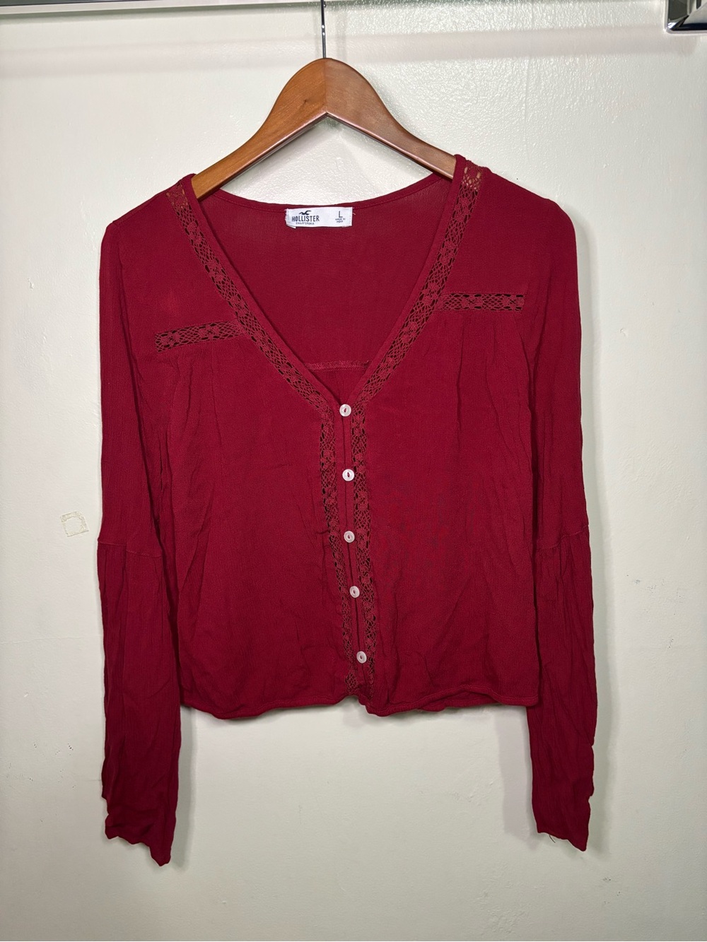 Hollister Women's L Red Lace Trim Cropped Boho Blouse Long Slv Romantic Coquette